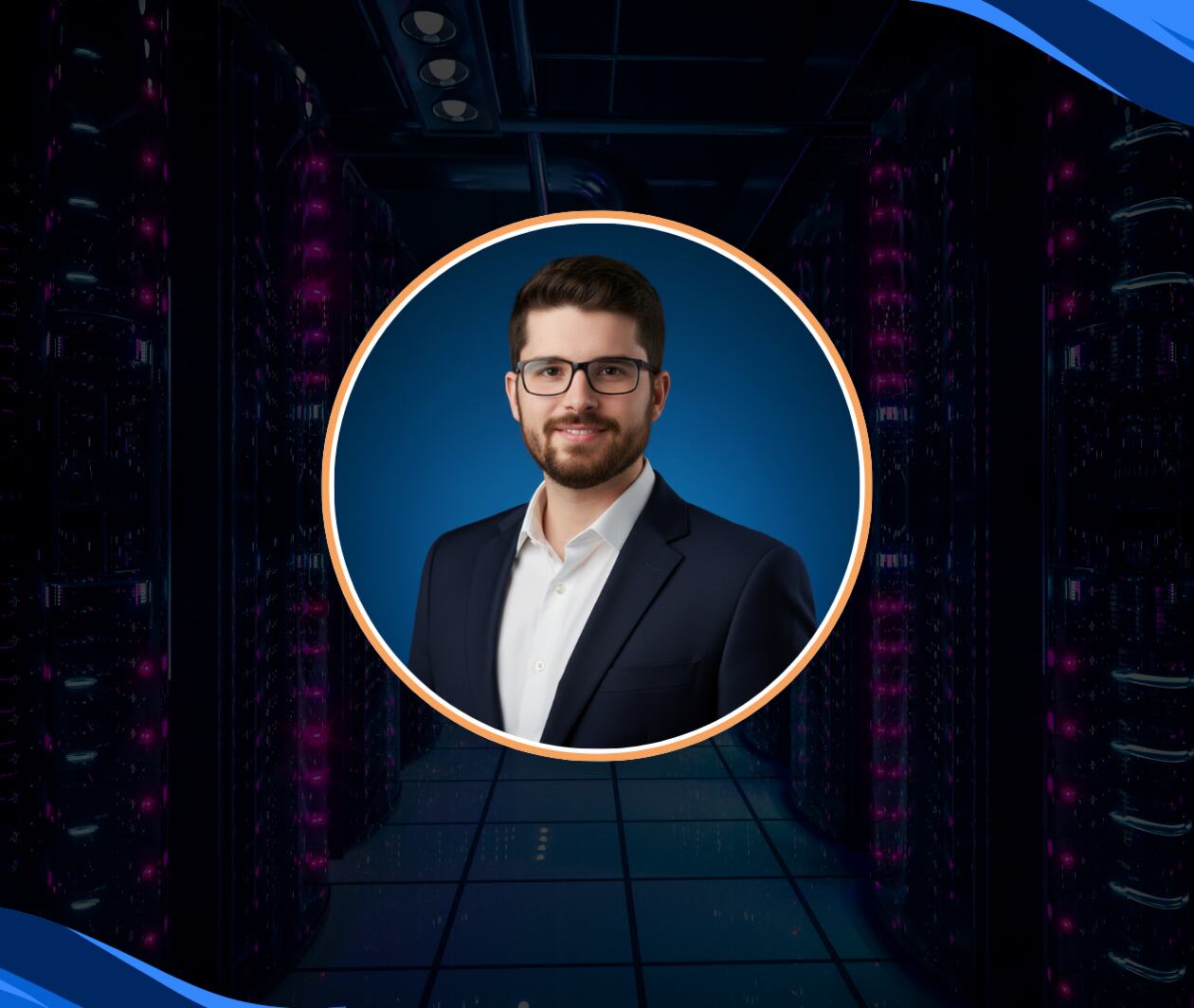 Man in suit and glasses inside circular frame, set over a data center corridor with glowing servers and blue accents.
