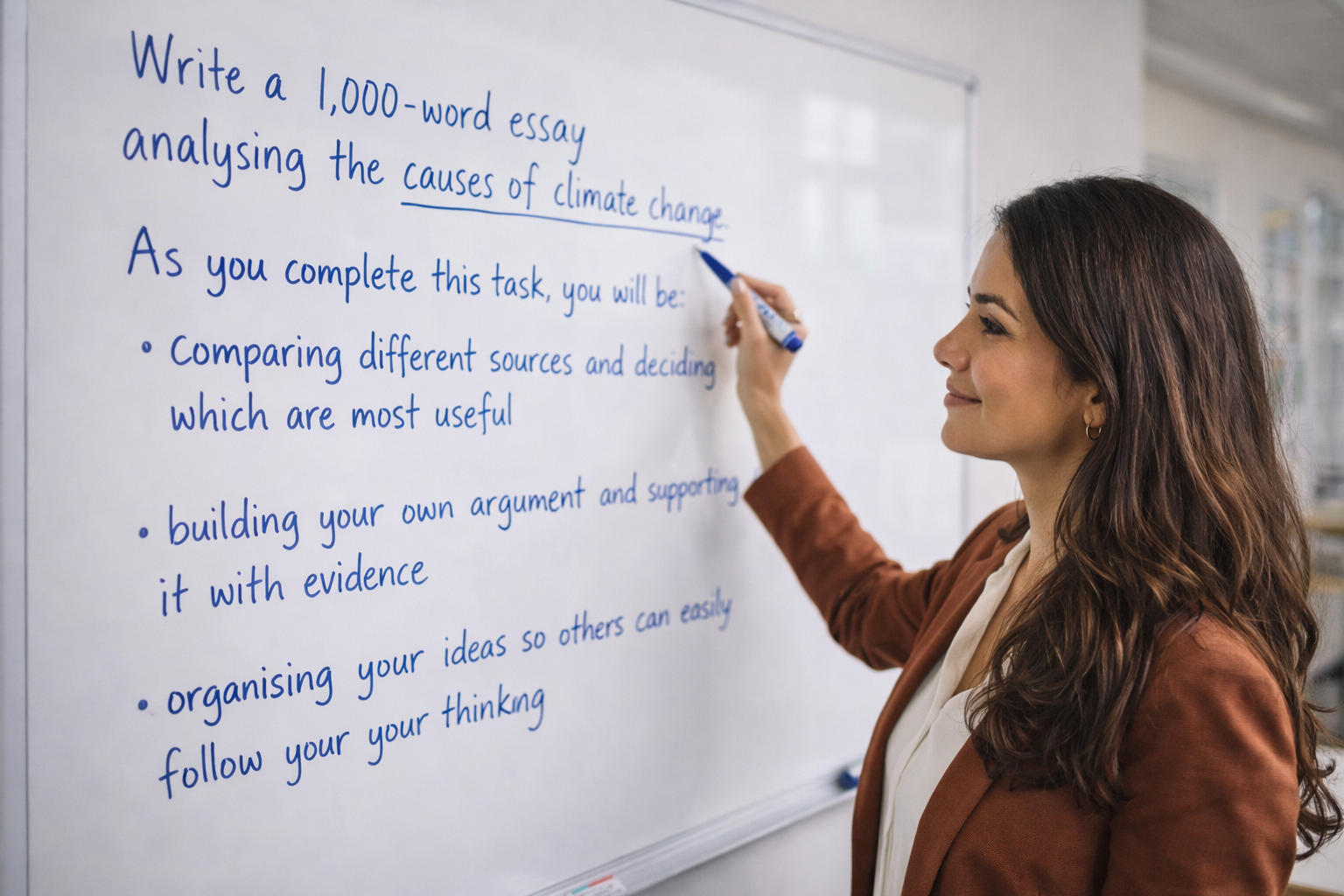 The learning is already there. It’s how we describe it that makes the difference. Teacher writing an essay task on a whiteboard