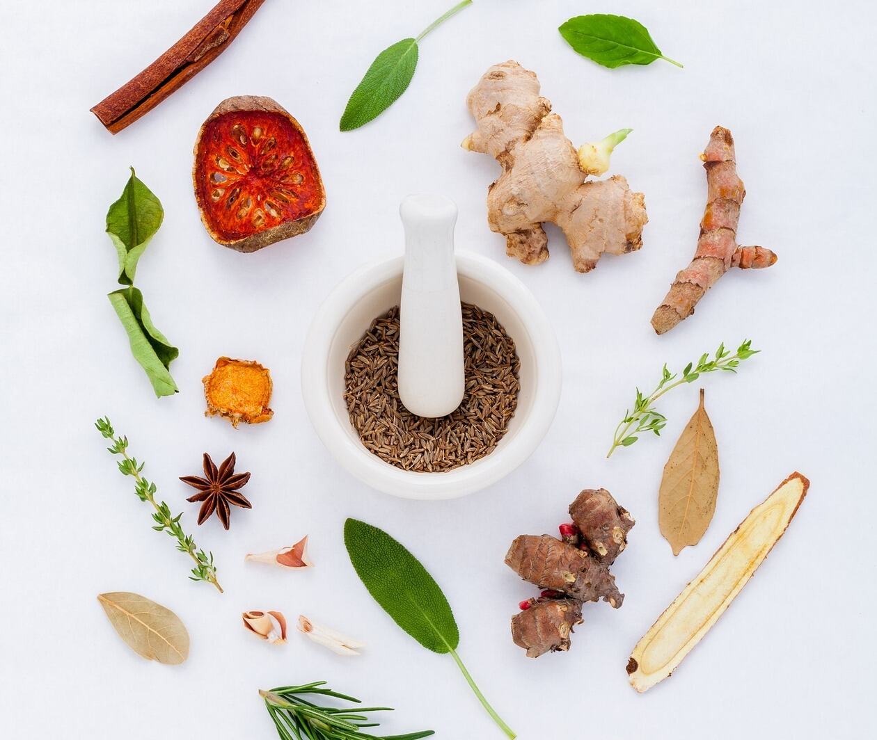 Image showing a variety of traditional Chinese roots and herbs surrounding a pestle and mortar for grinding.